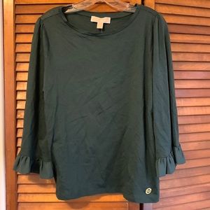 Michael Kors 3/4 length sleeves shirt with ruffle detail on sleeves, green, NEW